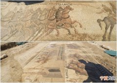 塞浦路斯出土古罗马时代的马赛克地板 显示驾驶战车的御夫进行比赛的情况